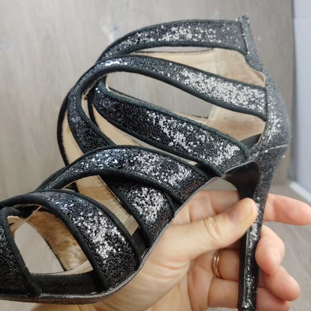 Coach Ludlow Strappy Glitter Caged Heels Sandals Black Leather Suede‎ 6 A4529